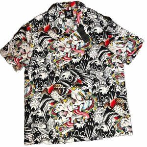 Ed Hardy Death before Dishonor Camp Button Up, New, Size Medium